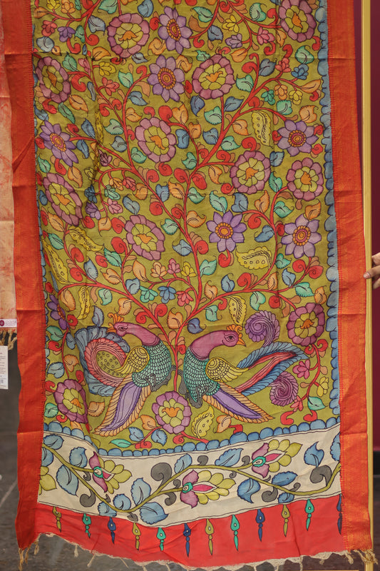 Green Pen Kalamkari chennur silk duppata