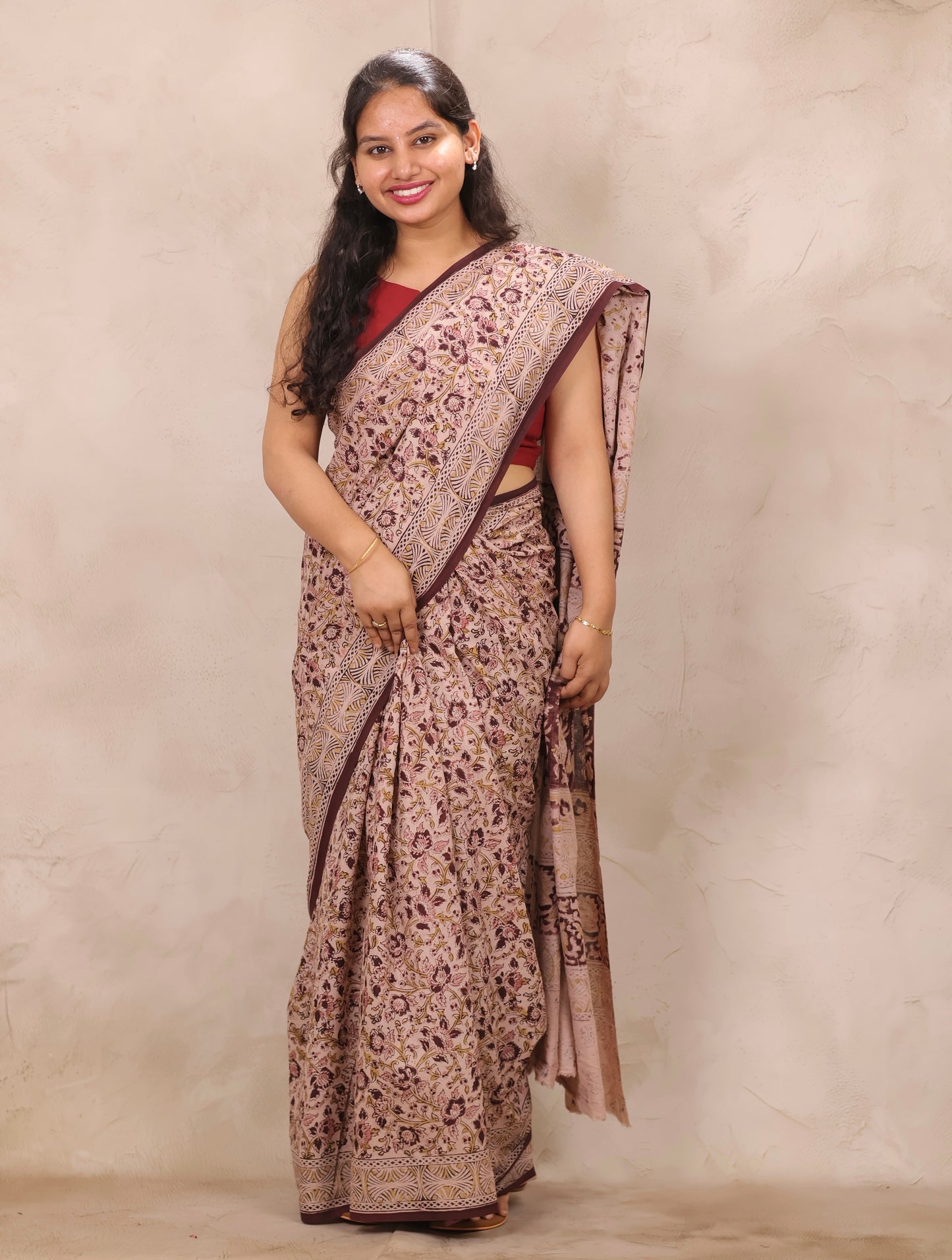 Cream Hand Block Printed Kalamkari Cotton Saree | Looms & Tassels