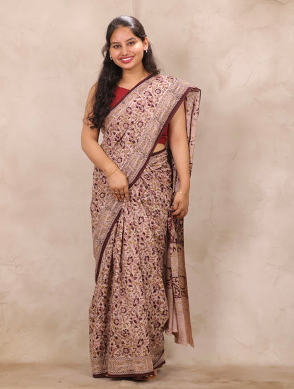 Cream Hand Block Printed Kalamkari Cotton Saree | Looms & Tassels