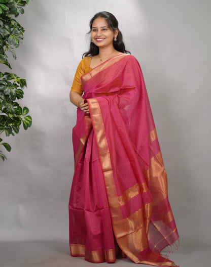 Pink Checks Handloom Maheswari Silk Cotton Sarees | Looms & Tassels