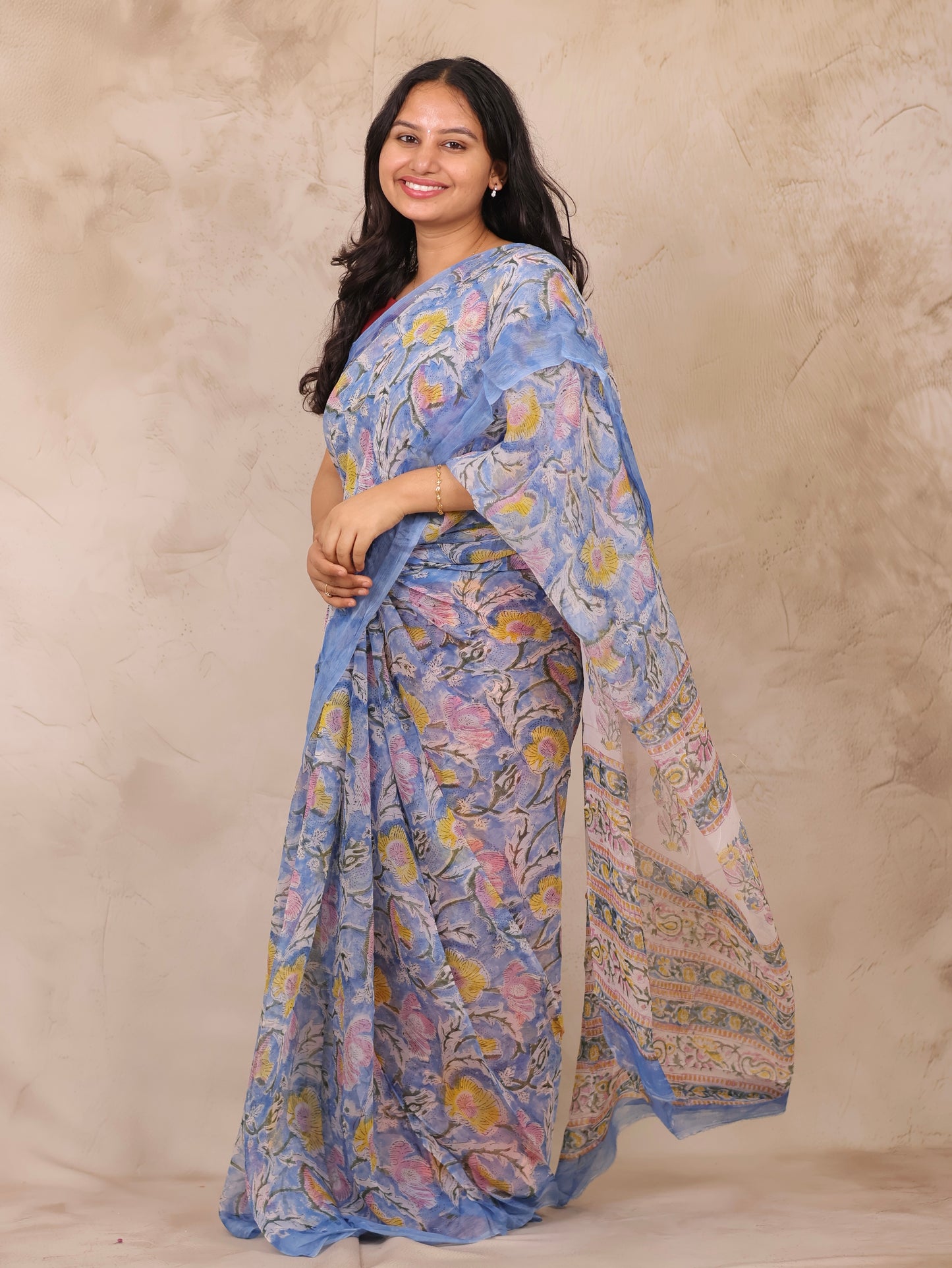 Blue Chiffon Hand Block Printed Saree | Looms & Tassels