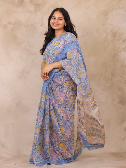 Blue Chiffon Hand Block Printed Saree | Looms & Tassels