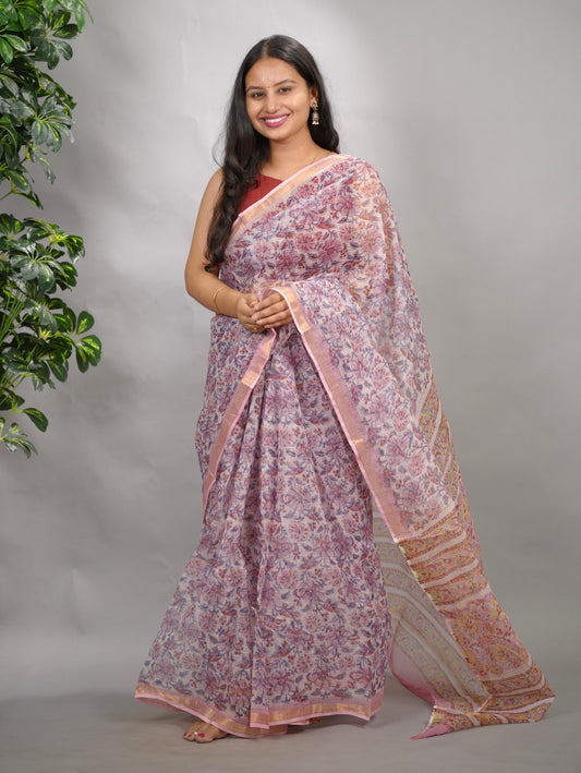 White & Lavender Pure Kota Doria Saree with Bagru Handblock Prints