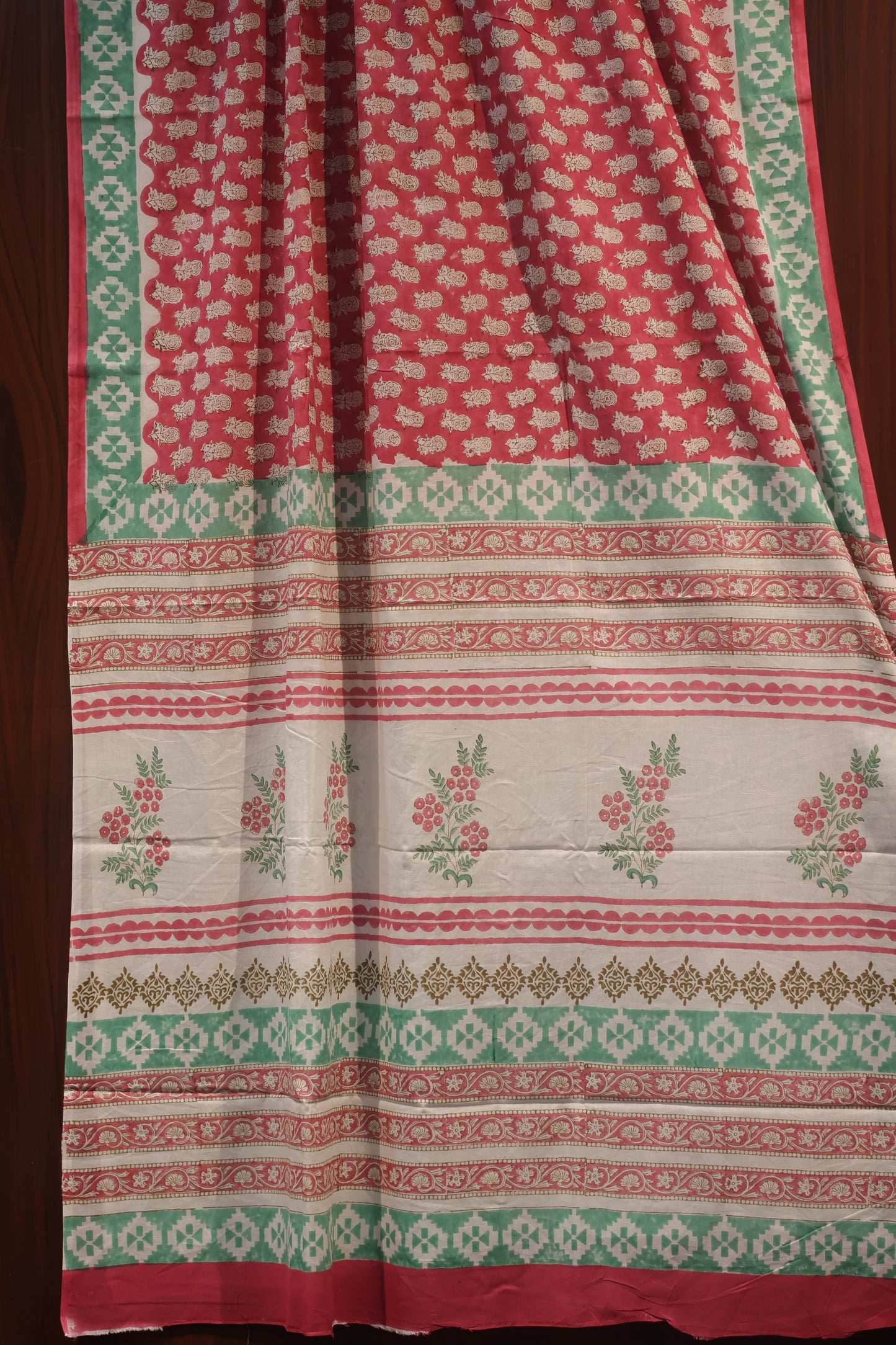 Pink Bagru Handblock printed MulMul cotton saree