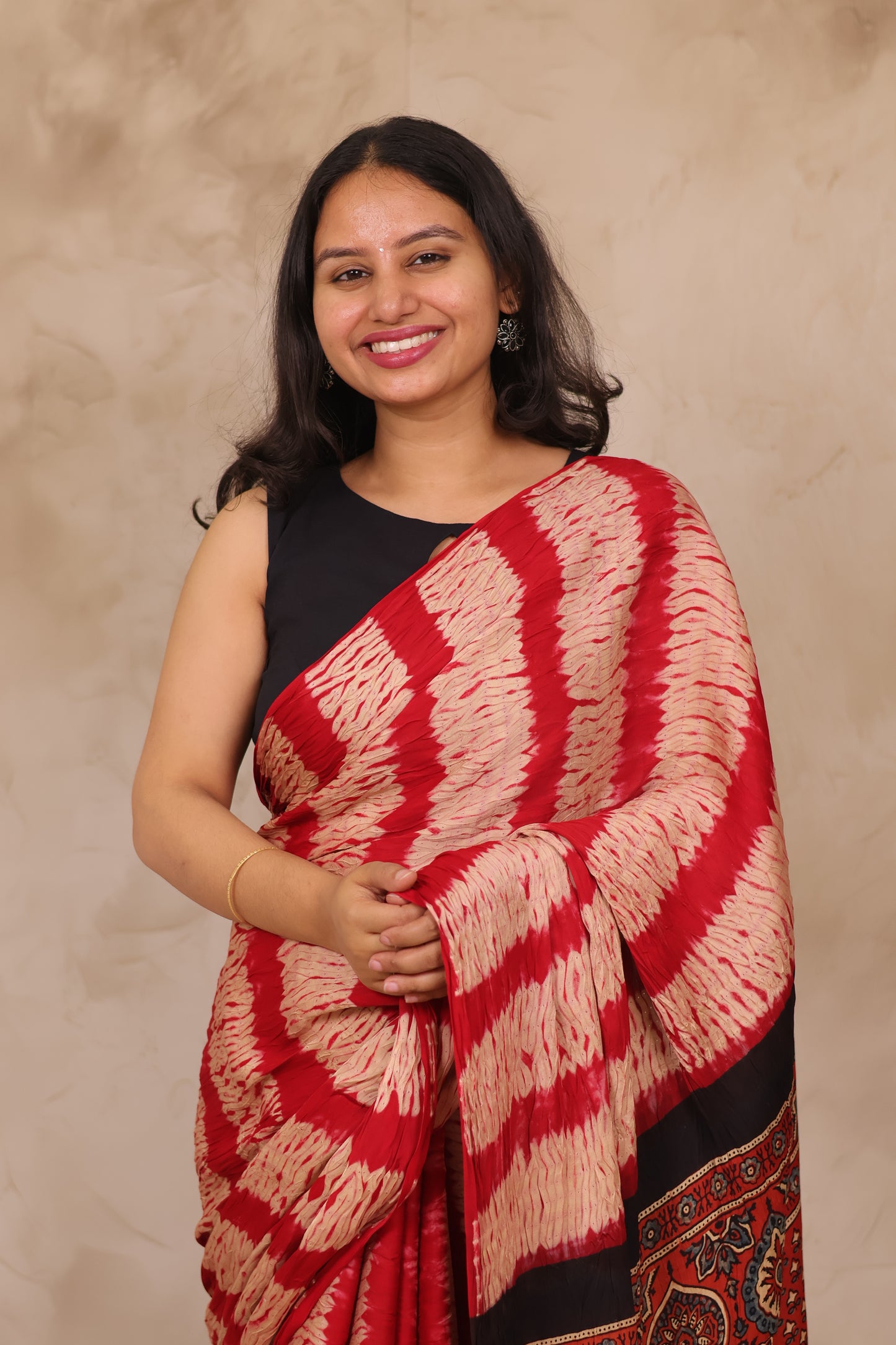 Red Needle Shibori and Ajrakh Handblock Printed Modal Silk Saree | Looms & Tassels
