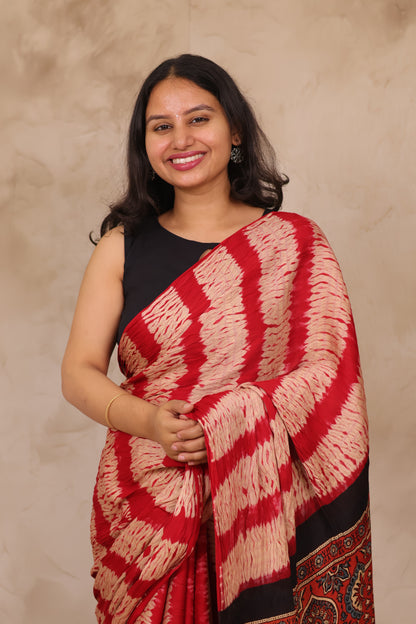 Red Needle Shibori and Ajrakh Handblock Printed Modal Silk Saree | Looms & Tassels