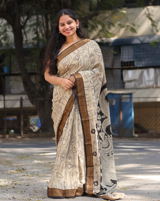 Cream Outline chennur silk Handcrafted Nizam Border Saree