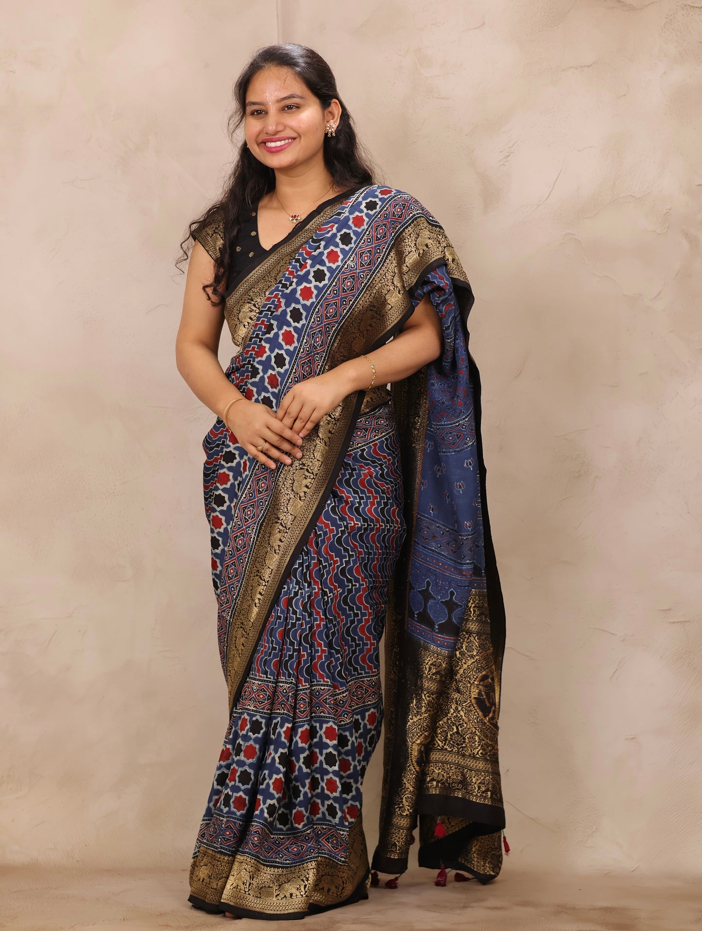 Indigo Ajrakh Handblock printed Dola Silk Saree | Looms & Tassels