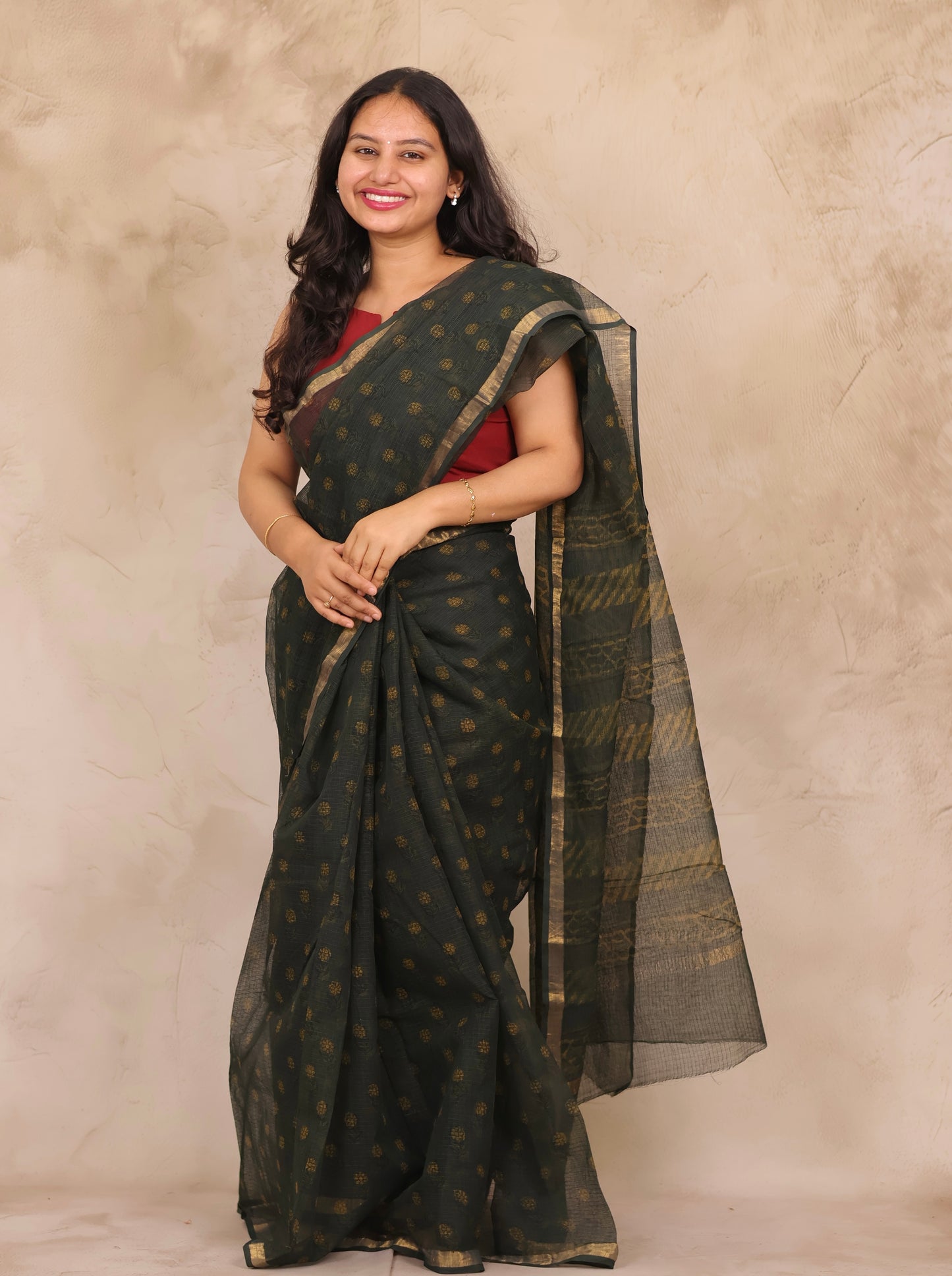 Green Pure Kota Doria Saree with Bagru Handblock Prints | Looms & Tassels