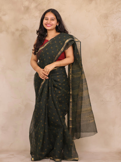 Green Pure Kota Doria Saree with Bagru Handblock Prints | Looms & Tassels