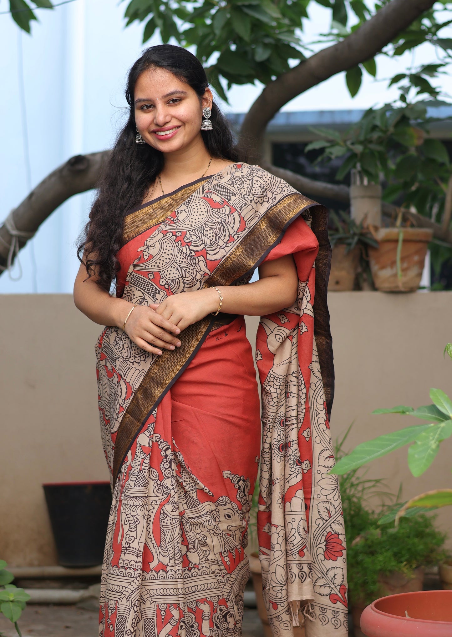 Rust Traditional Folks Kalamkari Silk Handcrafted Nizam Border Saree