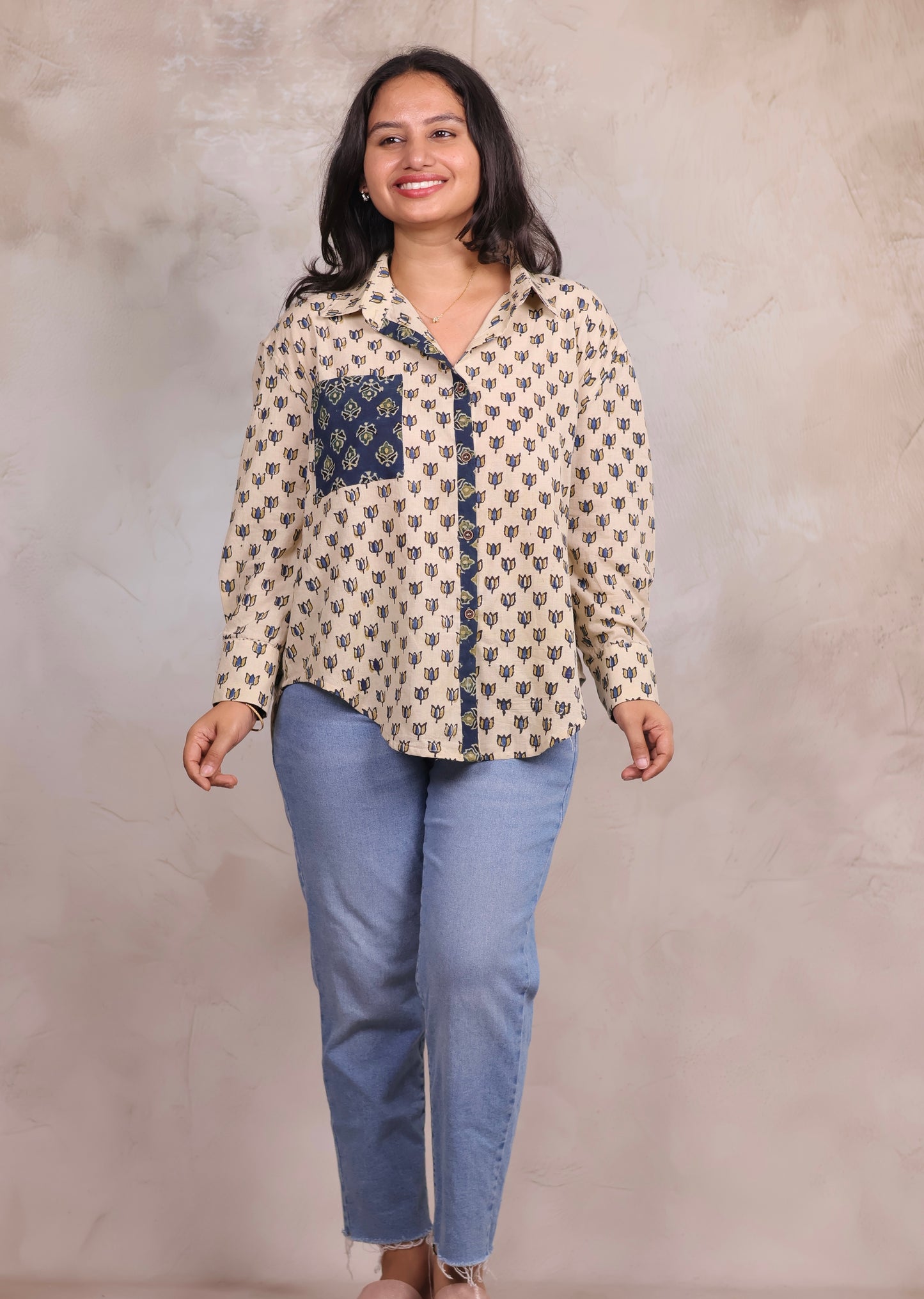 Cream Ajrakh Handblock Printed Patch Work Shirt (Pure Cotton ) | Looms & Tassels