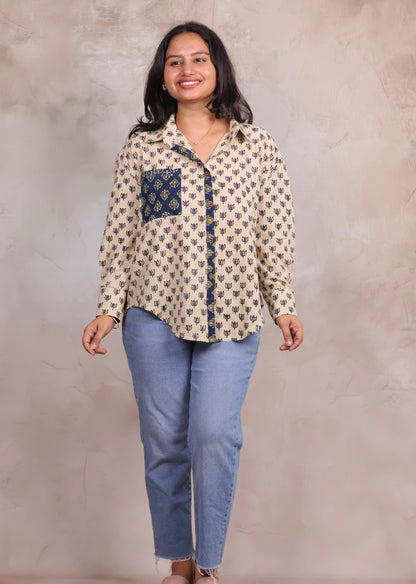 Cream Ajrakh Handblock Printed Patch Work Shirt (Pure Cotton ) | Looms & Tassels