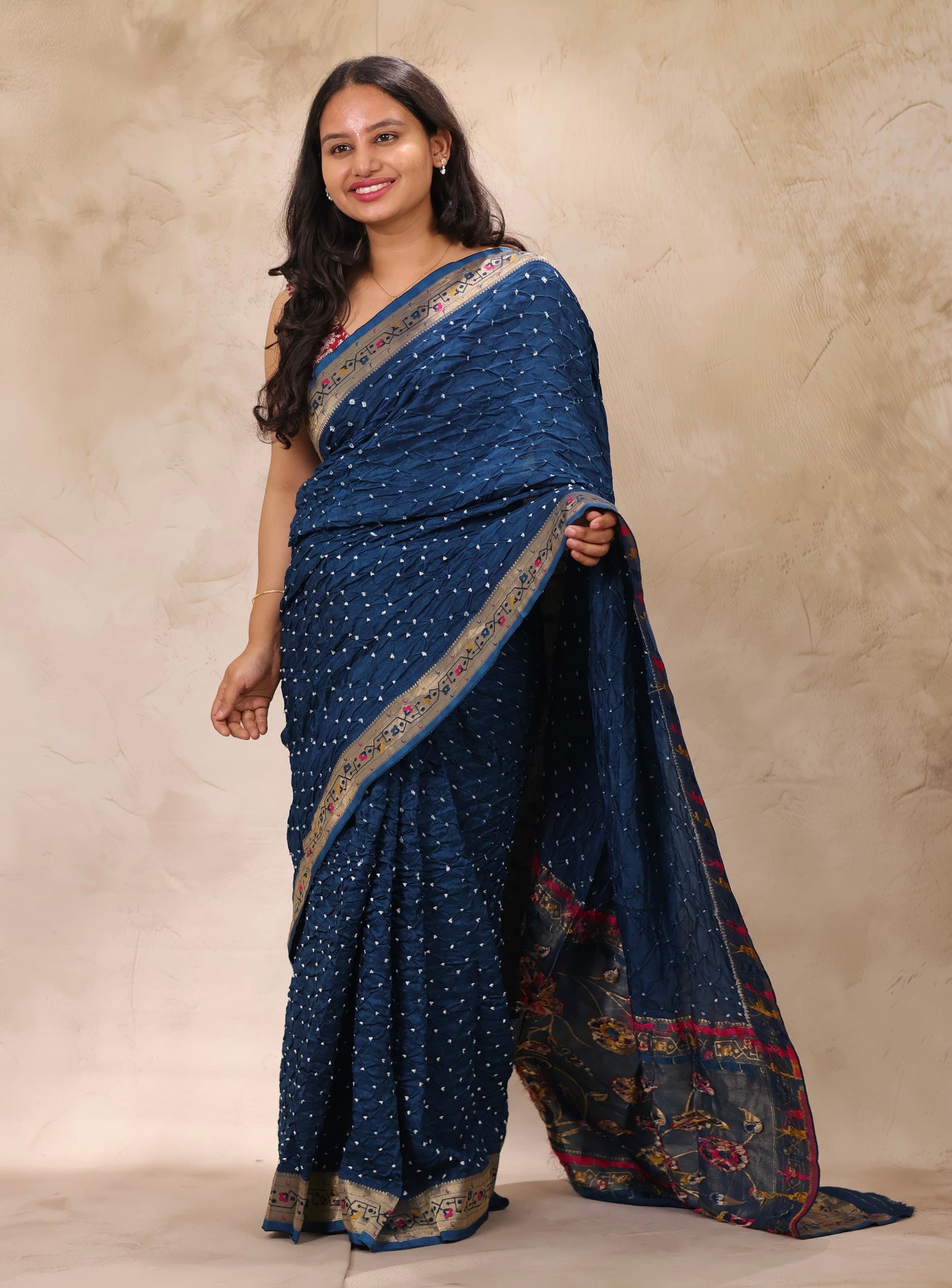 Cyan Blue Handcrafted Bandhani Paithani Dola Silk Saree | Looms & Tassels