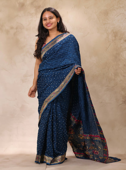 Cyan Blue Handcrafted Bandhani Paithani Dola Silk Saree | Looms & Tassels
