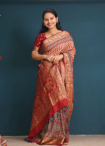 Ajrakh Dola Silk Saree