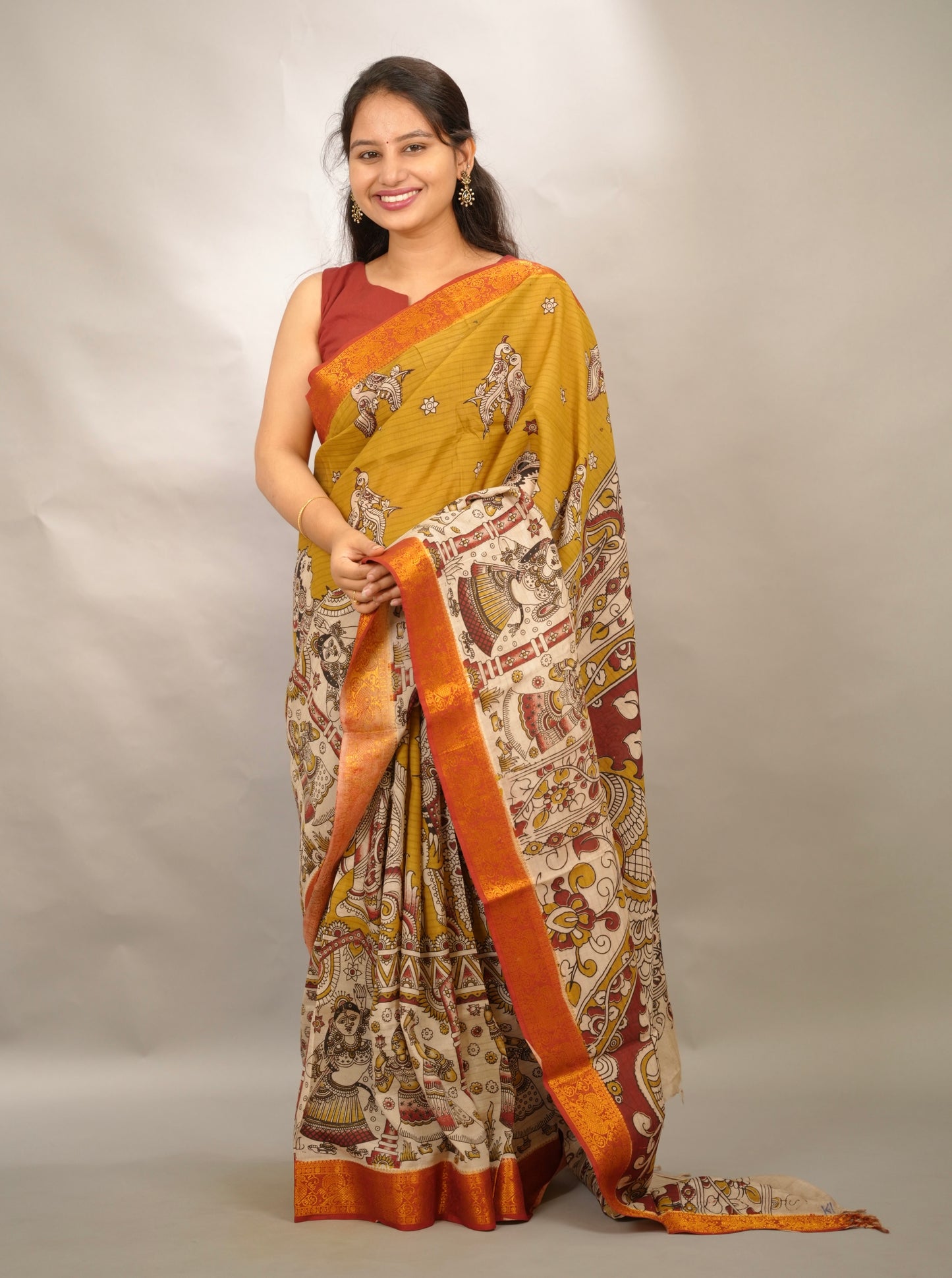 Mustard Kanchi border Kalamkari Chennur Silk Saree | Looms & Tassels