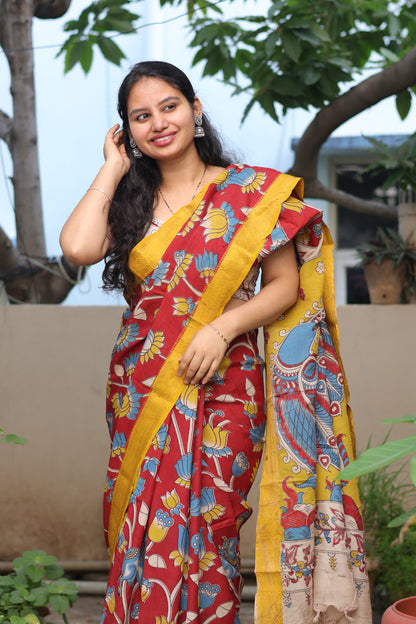 Red Lotus & Pichwai Kalamkari Silk Handcrafted Nizam Border Saree