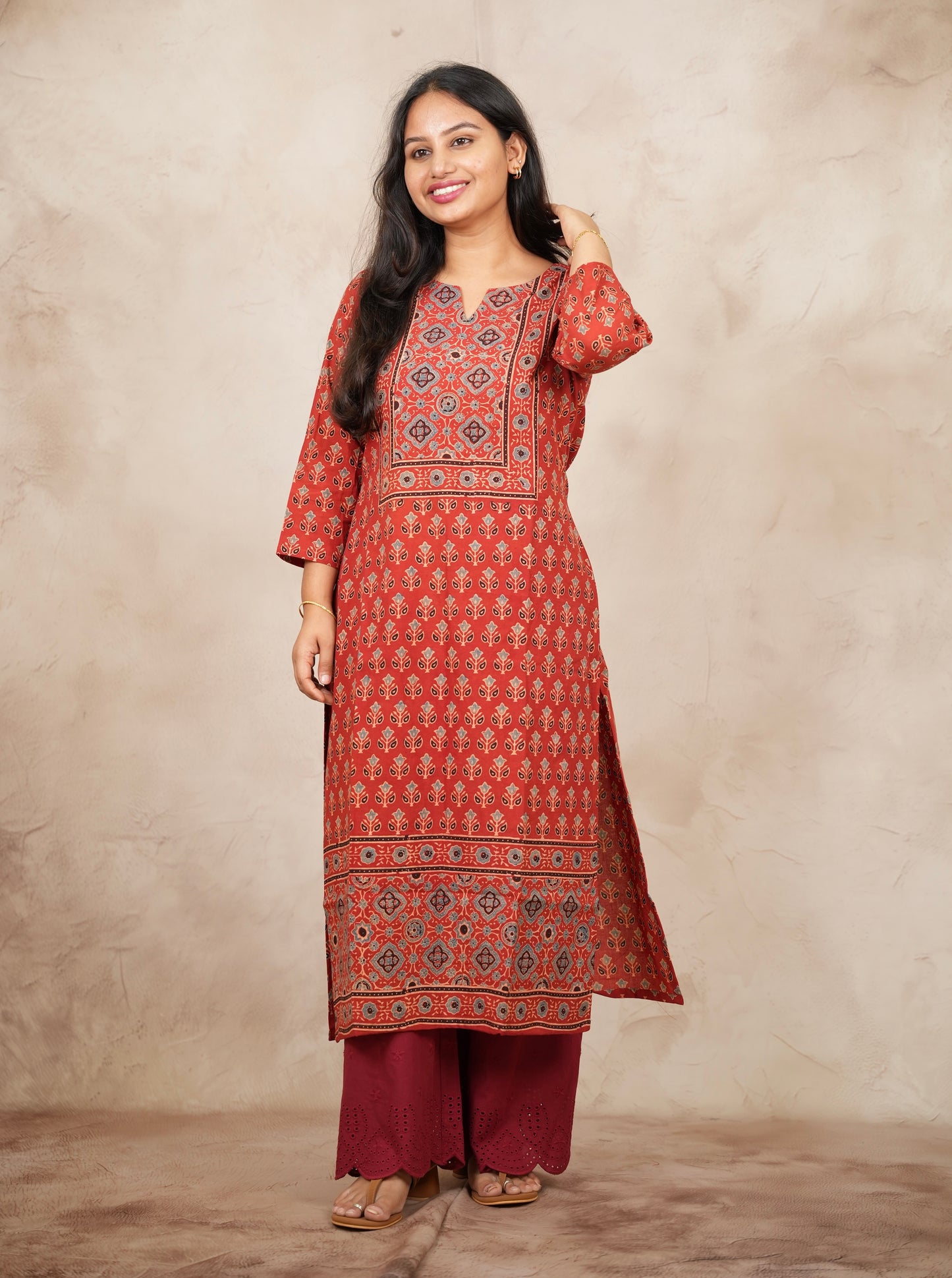 Red Ajrakh Pattern Hand Block printed Kurti | Looms & Tassels