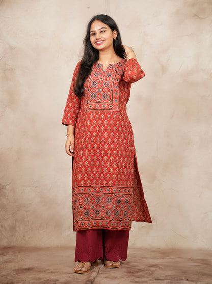Red Ajrakh Pattern Hand Block printed Kurti | Looms & Tassels