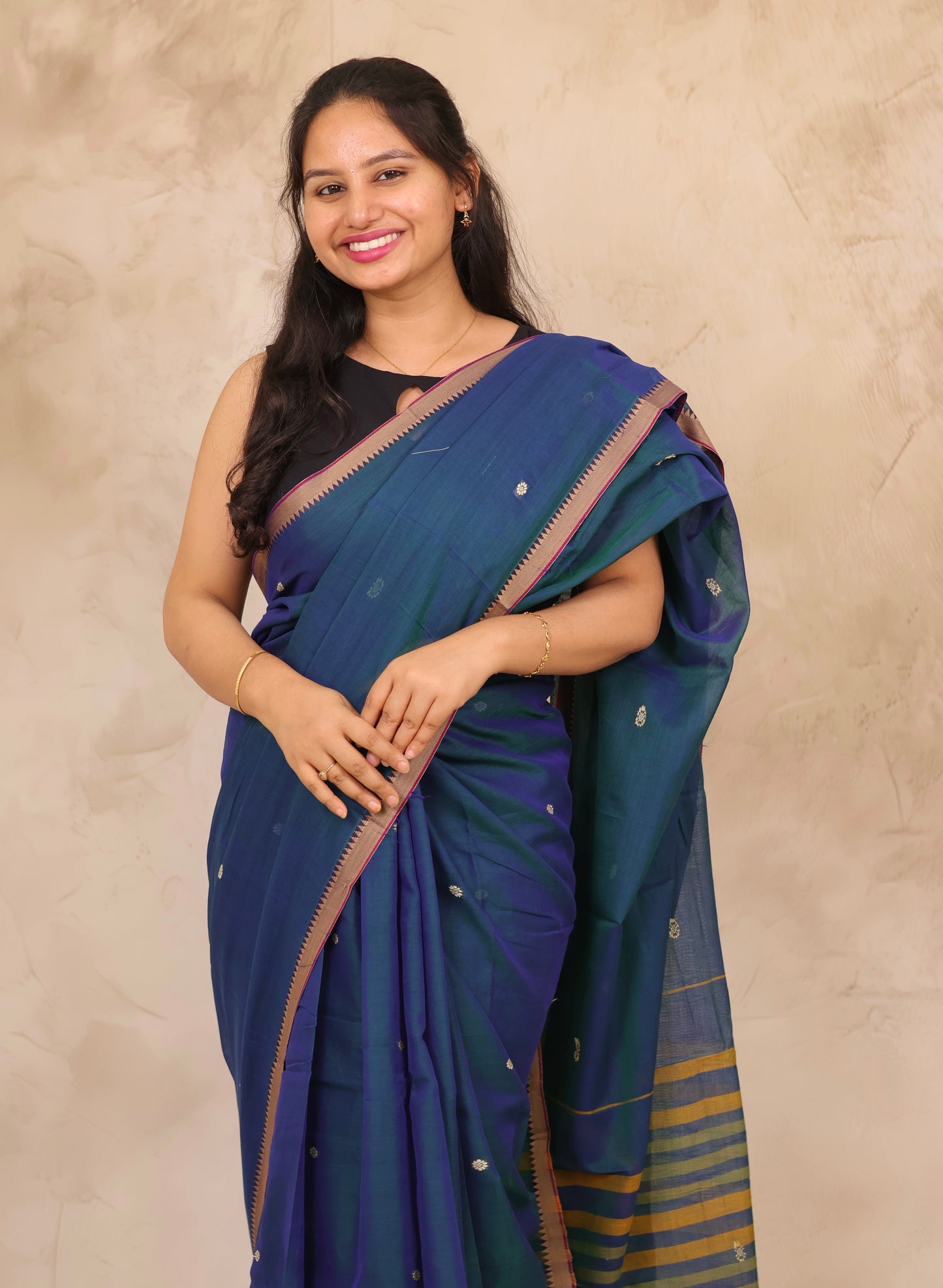 Peacock Blue Narayanpet Cotton Saree With Butta Weaving | Looms & Tassels