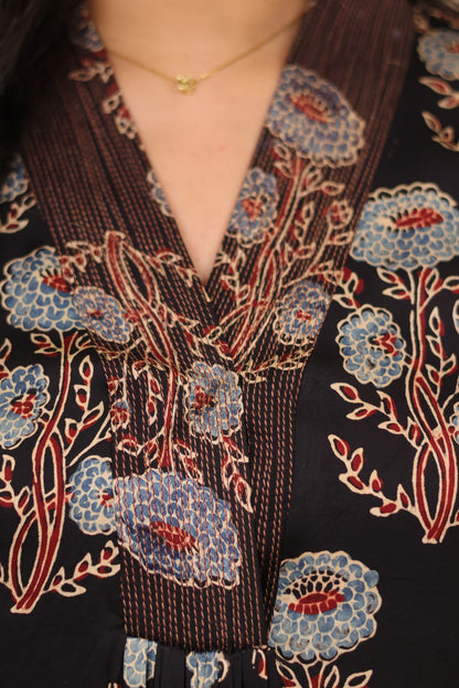 Black Ajrakh Modal Silk Aline Dress | Looms & Tassels