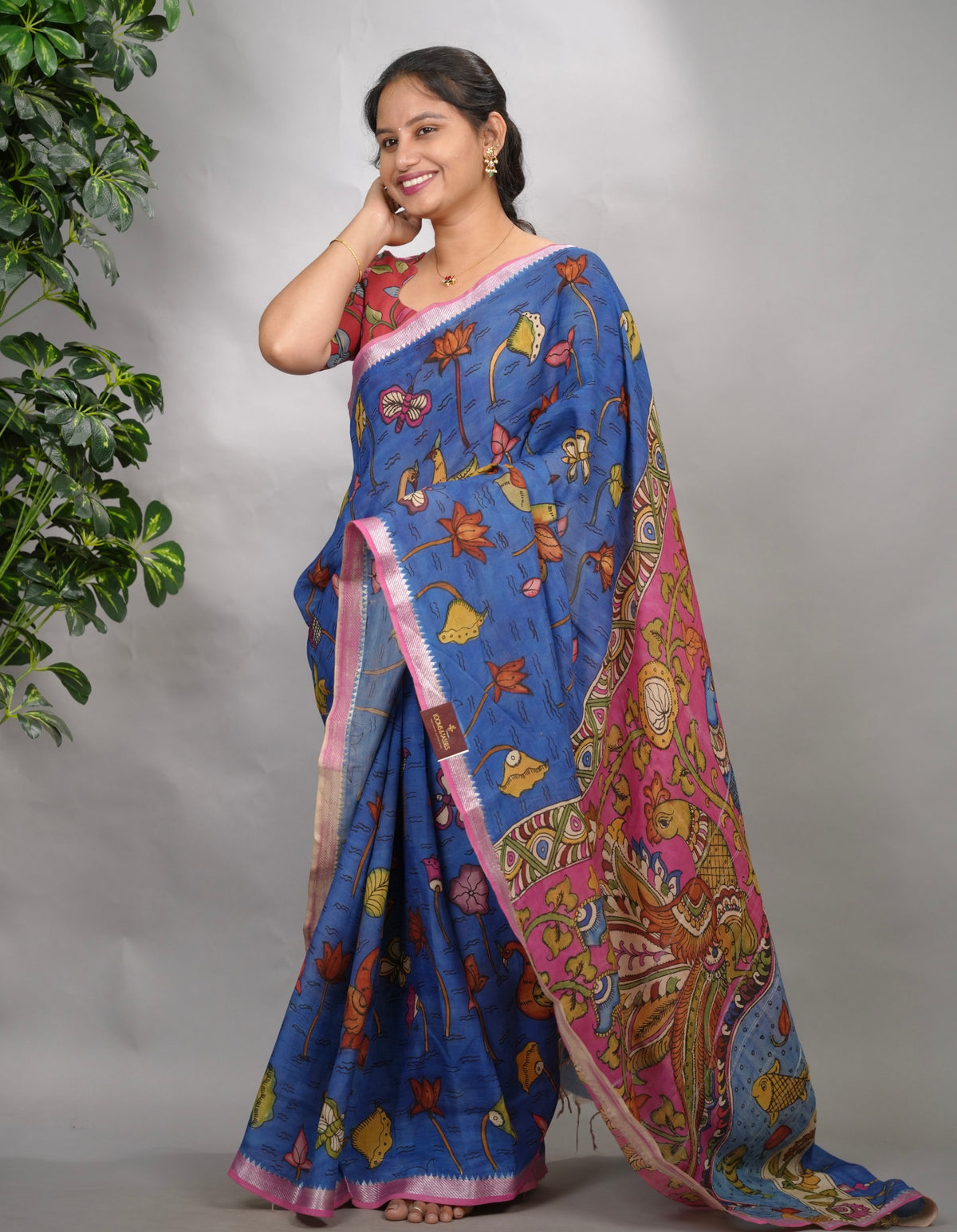 Blue Hand Drawn Pen Mangalagiri Silk Saree | Looms & Tassels
