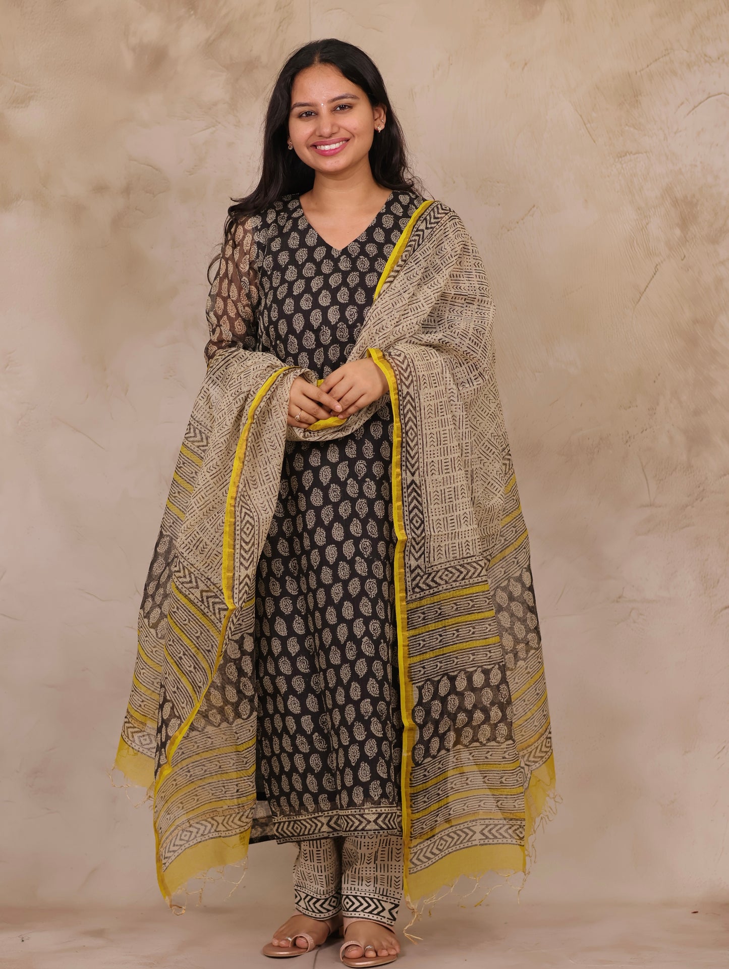 Black Handblock printed kota 3 piece suit (stitched)