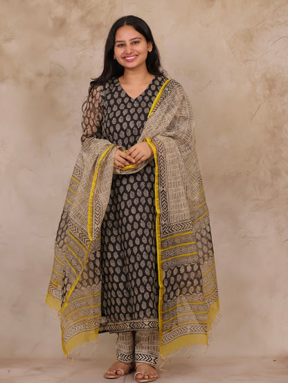 Black Handblock printed kota 3 piece suit (stitched)