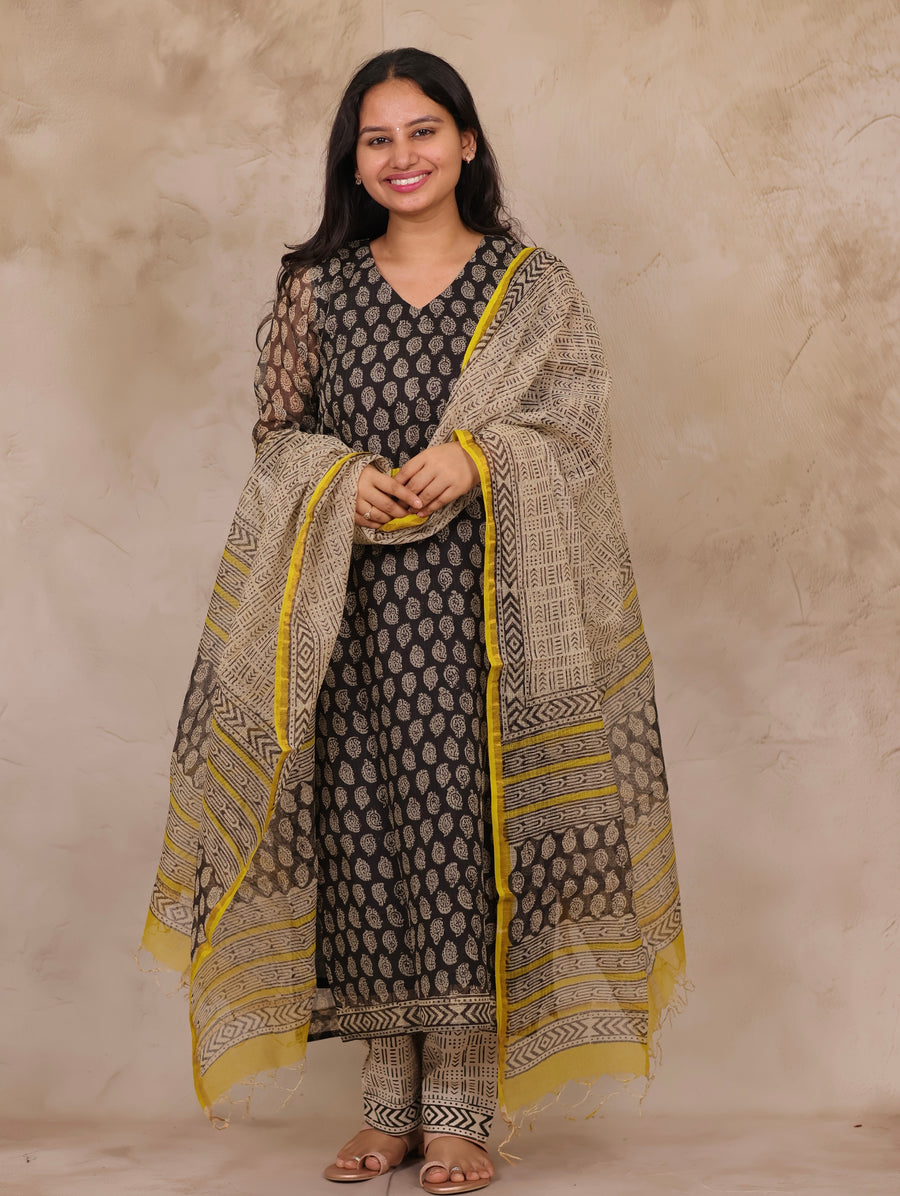 Black Handblock printed kota 3 piece suit (stitched)