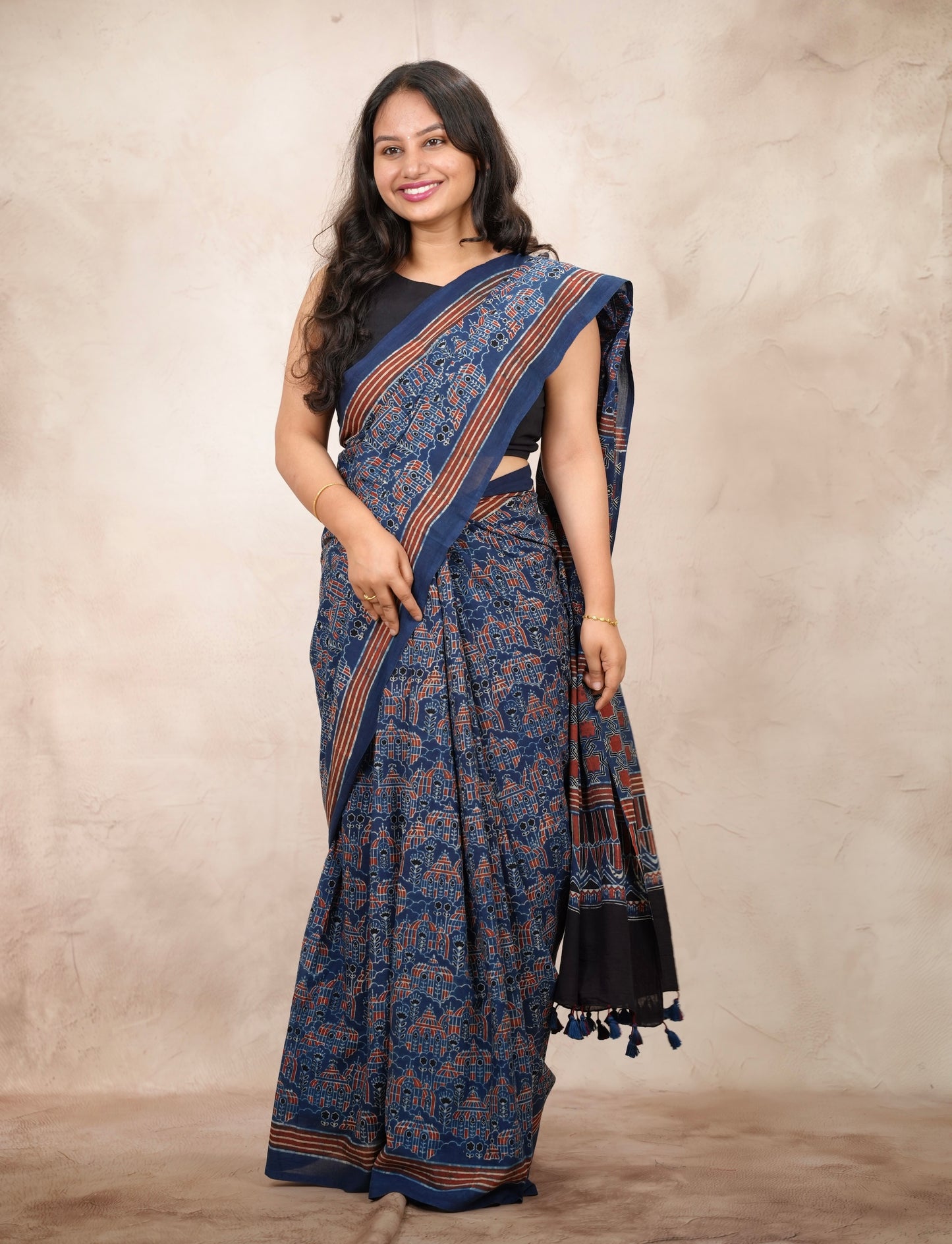 Indigo Ajrakh Hand Block Printed Cotton Saree | Looms & Tassels