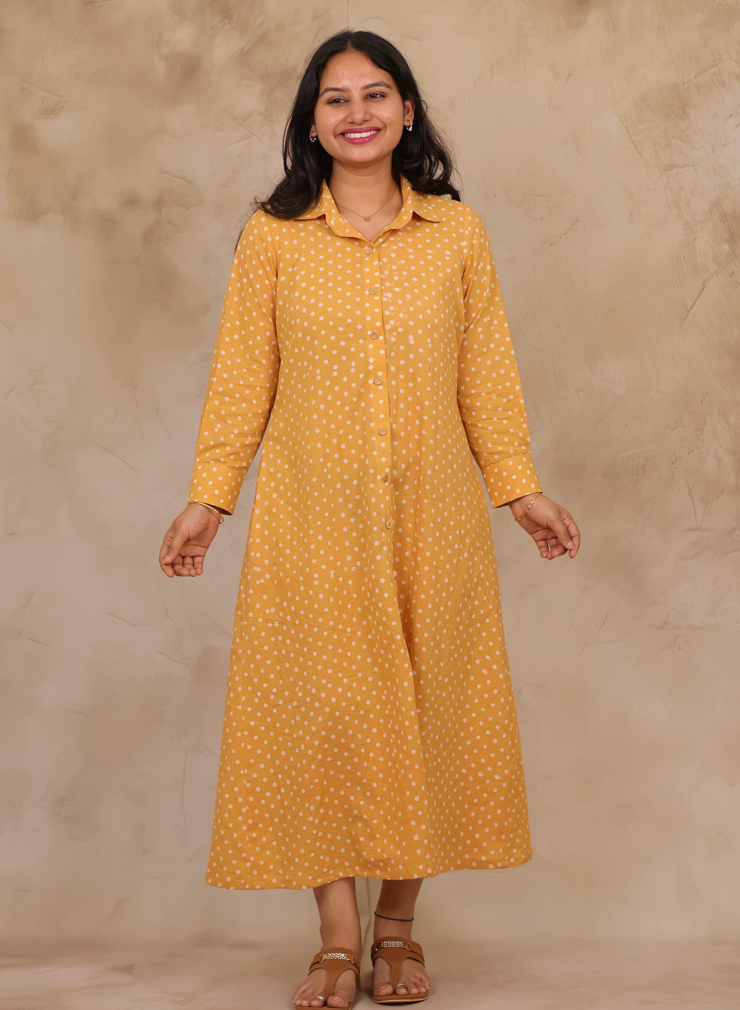 Mustard Yellow Polka Dot Pure Mul Cotton A-Line Shirt Dress | Looms & Tassels