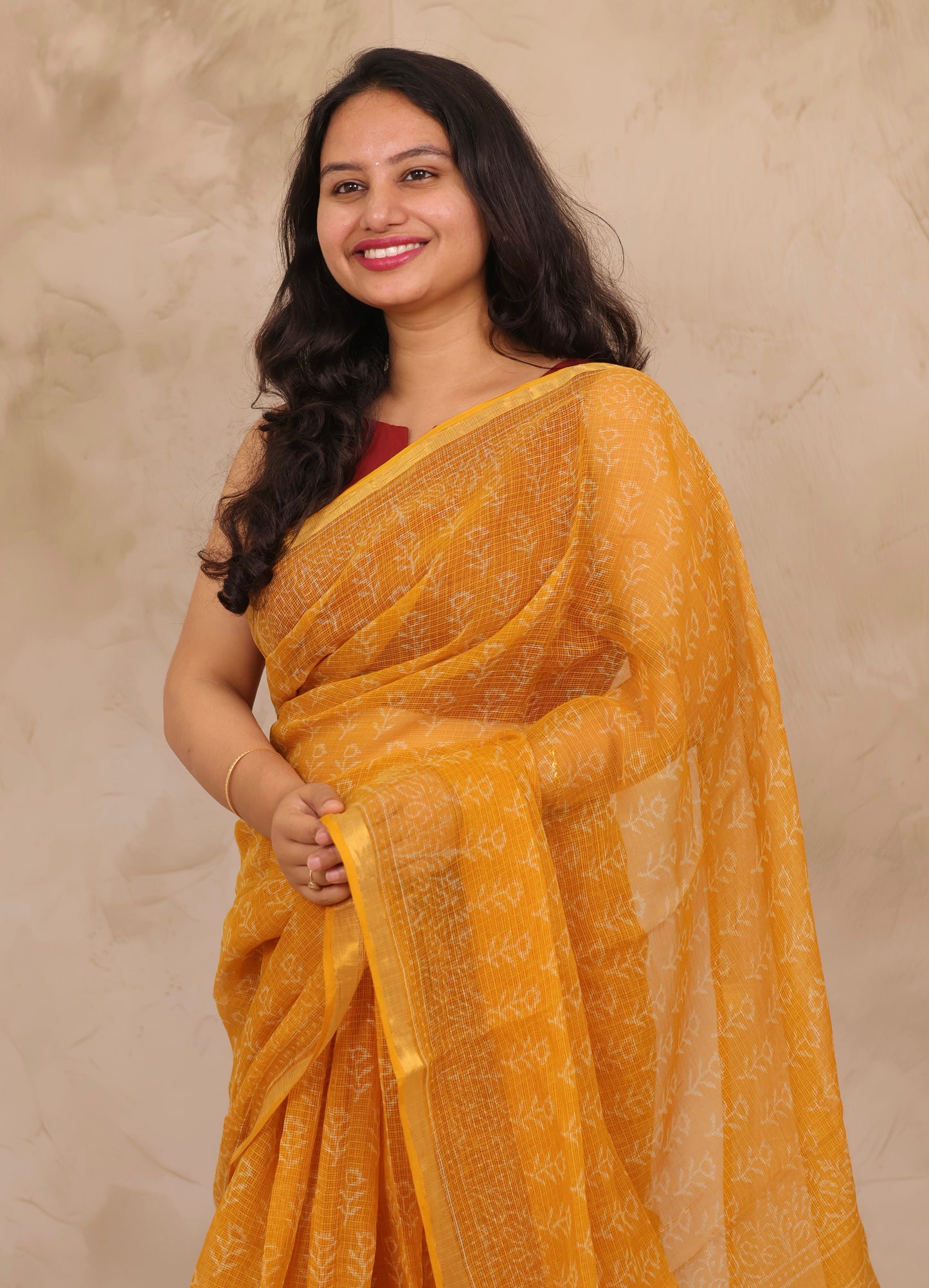 Yellow Pure Kota Doria Saree with Bagru Handblock Prints | Looms & Tassels