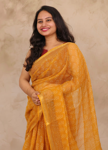 Yellow Pure Kota Doria Saree with Bagru Handblock Prints | Looms & Tassels