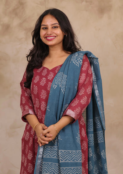 Dusty Rose Linen Cotton Handblock printed 3 piece suit (stitched)