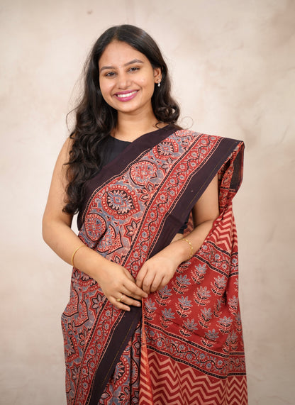 Maroon Ajrakh Hand Block Printed Cotton Saree | Looms & Tassels