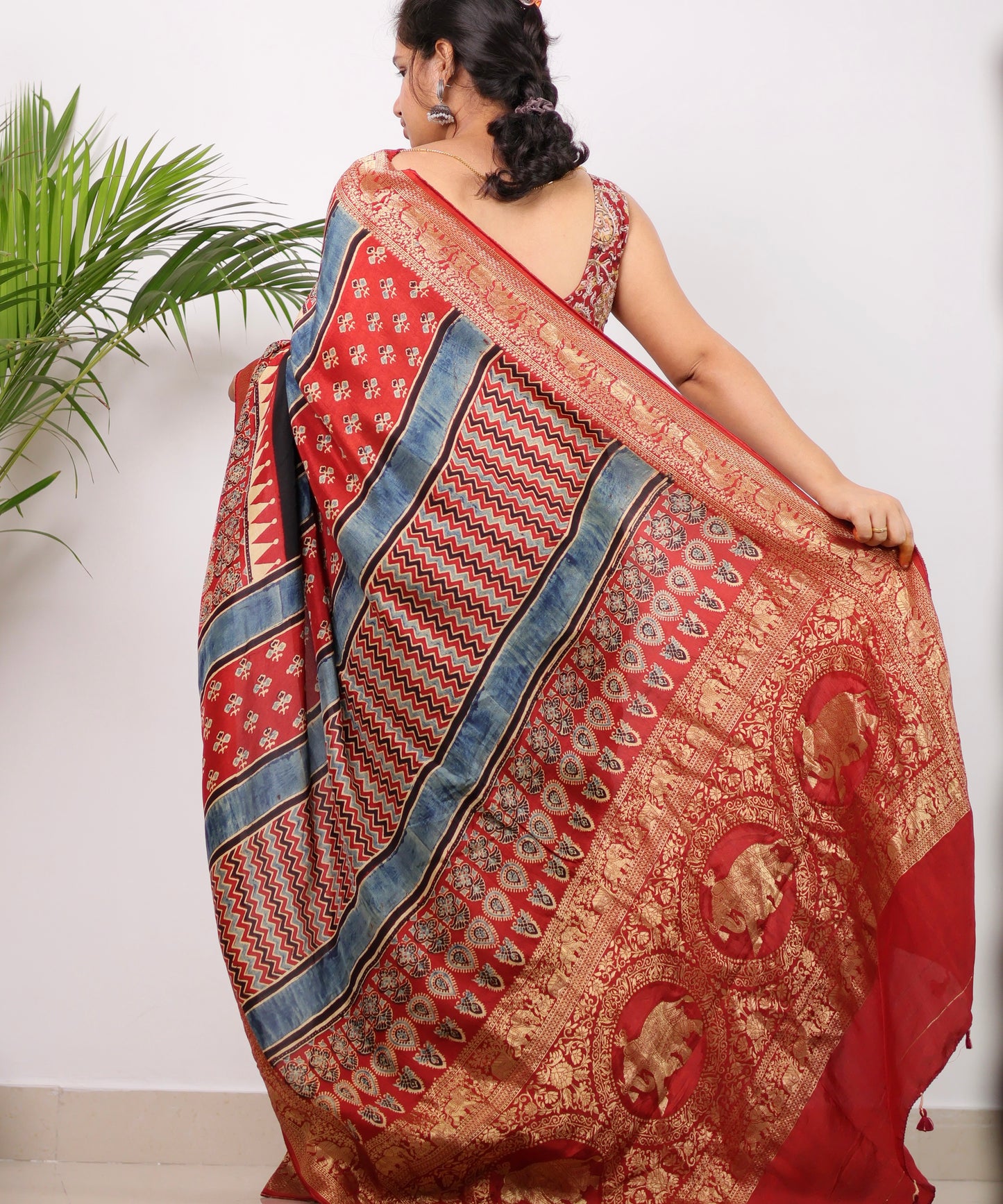 Black & Red Ajrakh Dola Silk Saree