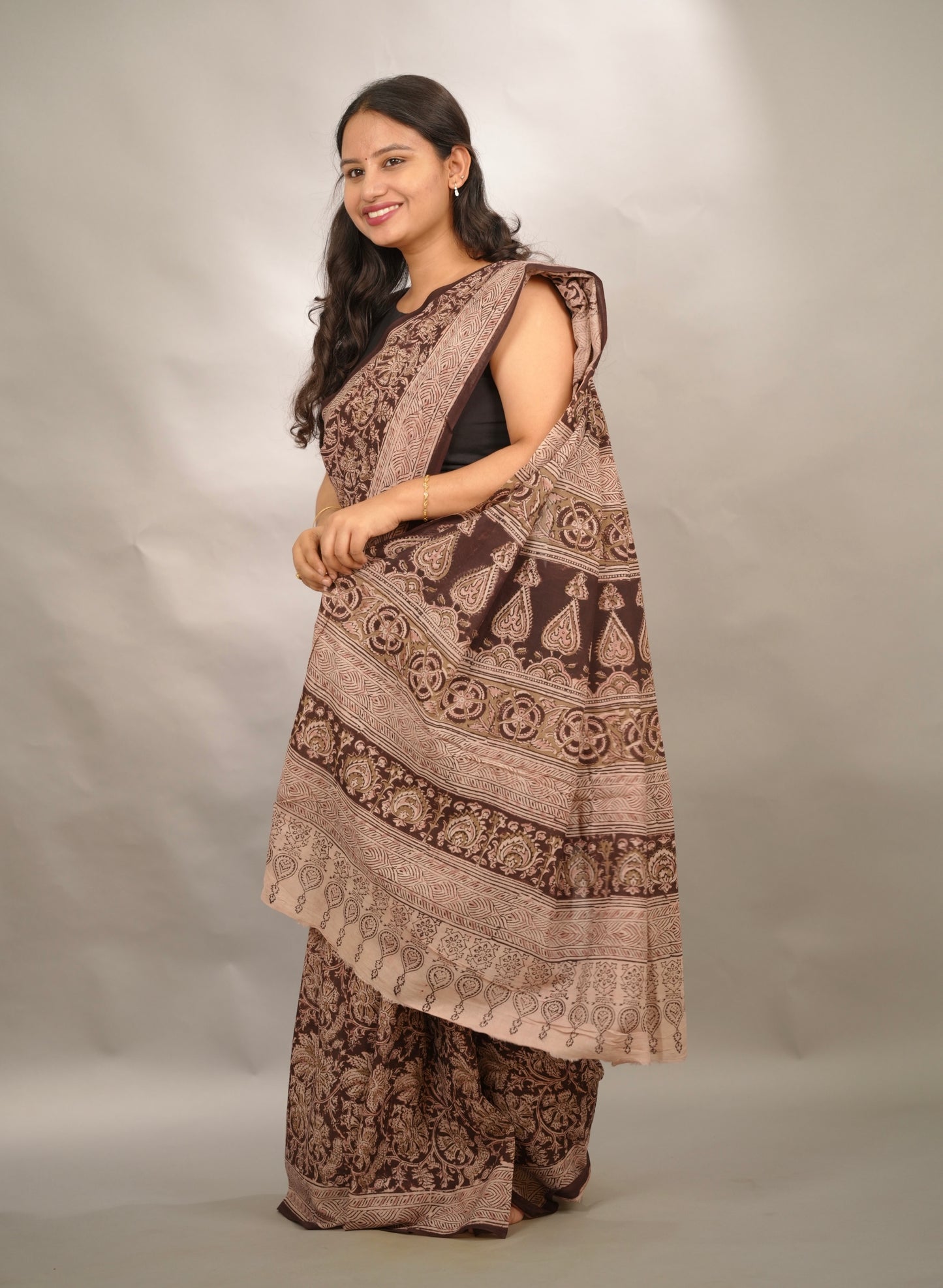 Maroon Hand Block Printed Kalamkari Cotton Saree | Looms & Tassels