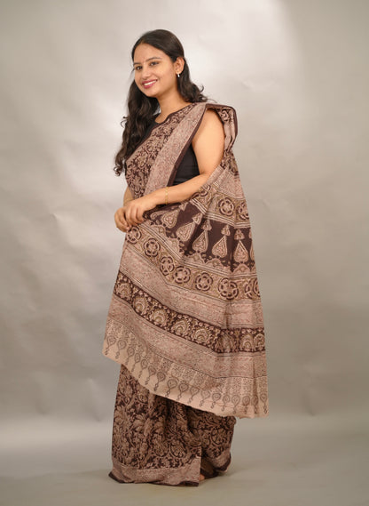 Maroon Hand Block Printed Kalamkari Cotton Saree | Looms & Tassels