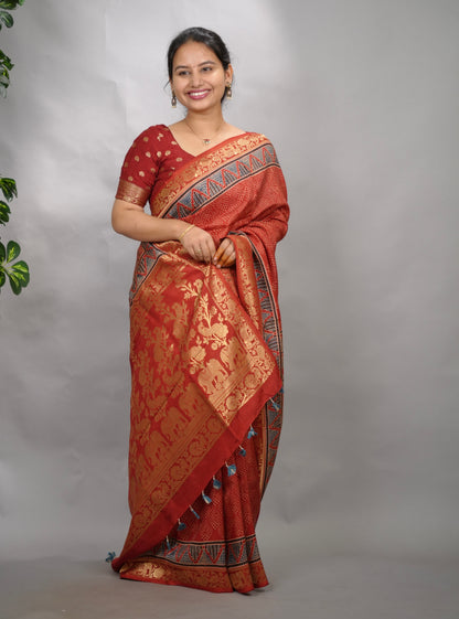 Maroon Ajrakh Handblock printed Dola Silk Saree| Looms & Tassels