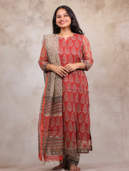 Red Handblock printed kota 3 piece suit (stitched)