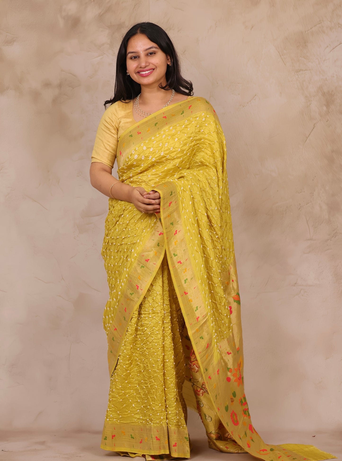 Lemon Yellow Handcrafted Bandhani Paithani Dola Silk Saree | Looms & Tassels