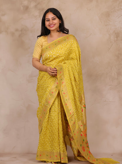 Lemon Yellow Handcrafted Bandhani Paithani Dola Silk Saree | Looms & Tassels