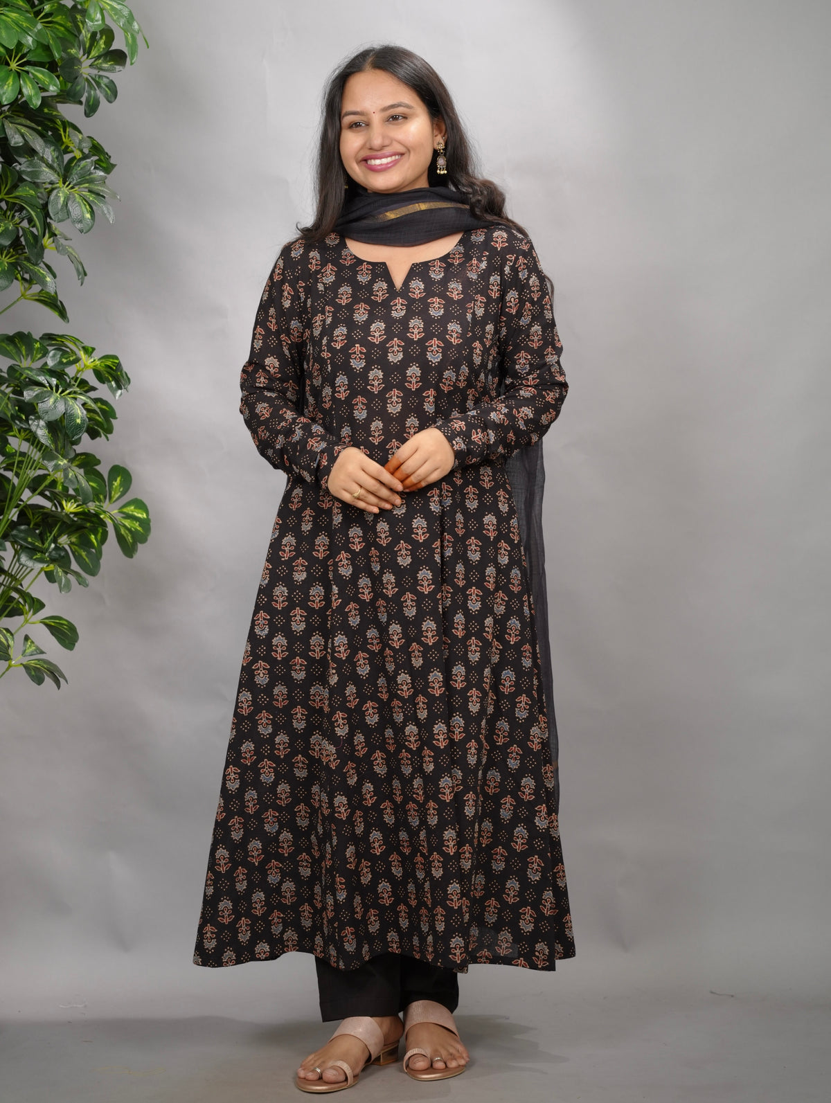 Black Ajrakh Handblock Printed Kali Kurta with Chudi Sleeves