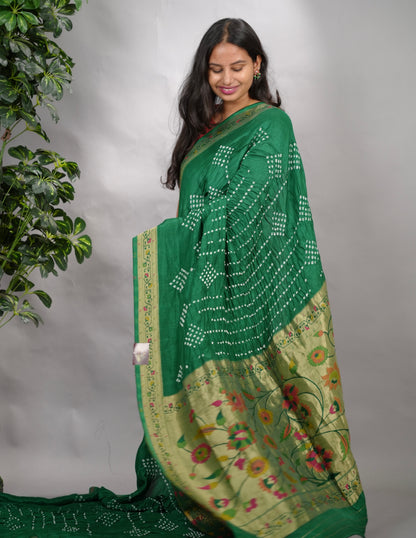 Green Handcrafted Pattern Bandhani Paithani Dola Silk Saree | Looms & Tassels