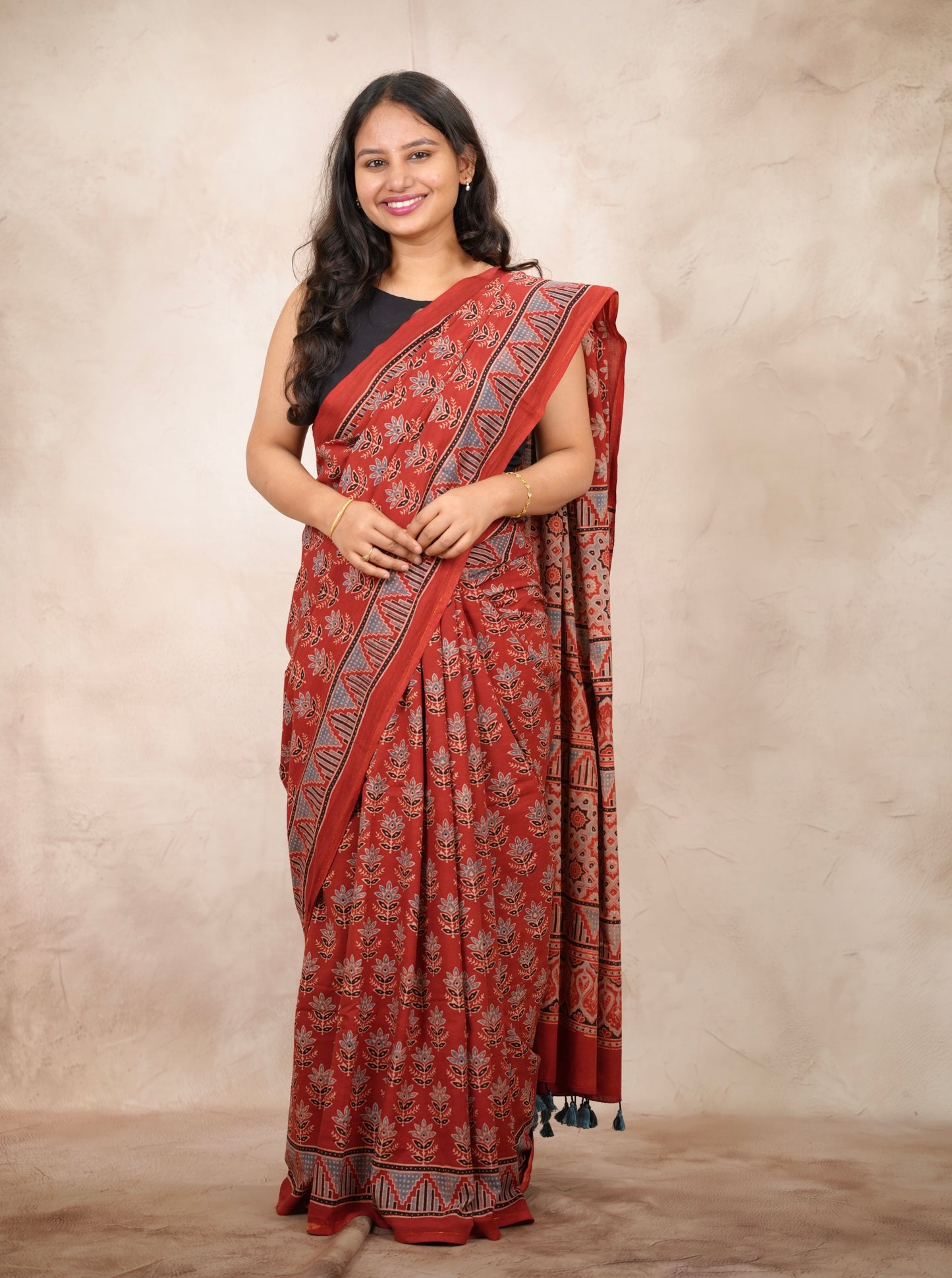 Red Ajrakh Hand Block Printed Cotton Saree | Looms & Tassels