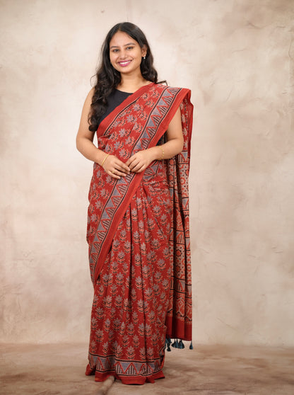 Red Ajrakh Hand Block Printed Cotton Saree | Looms & Tassels