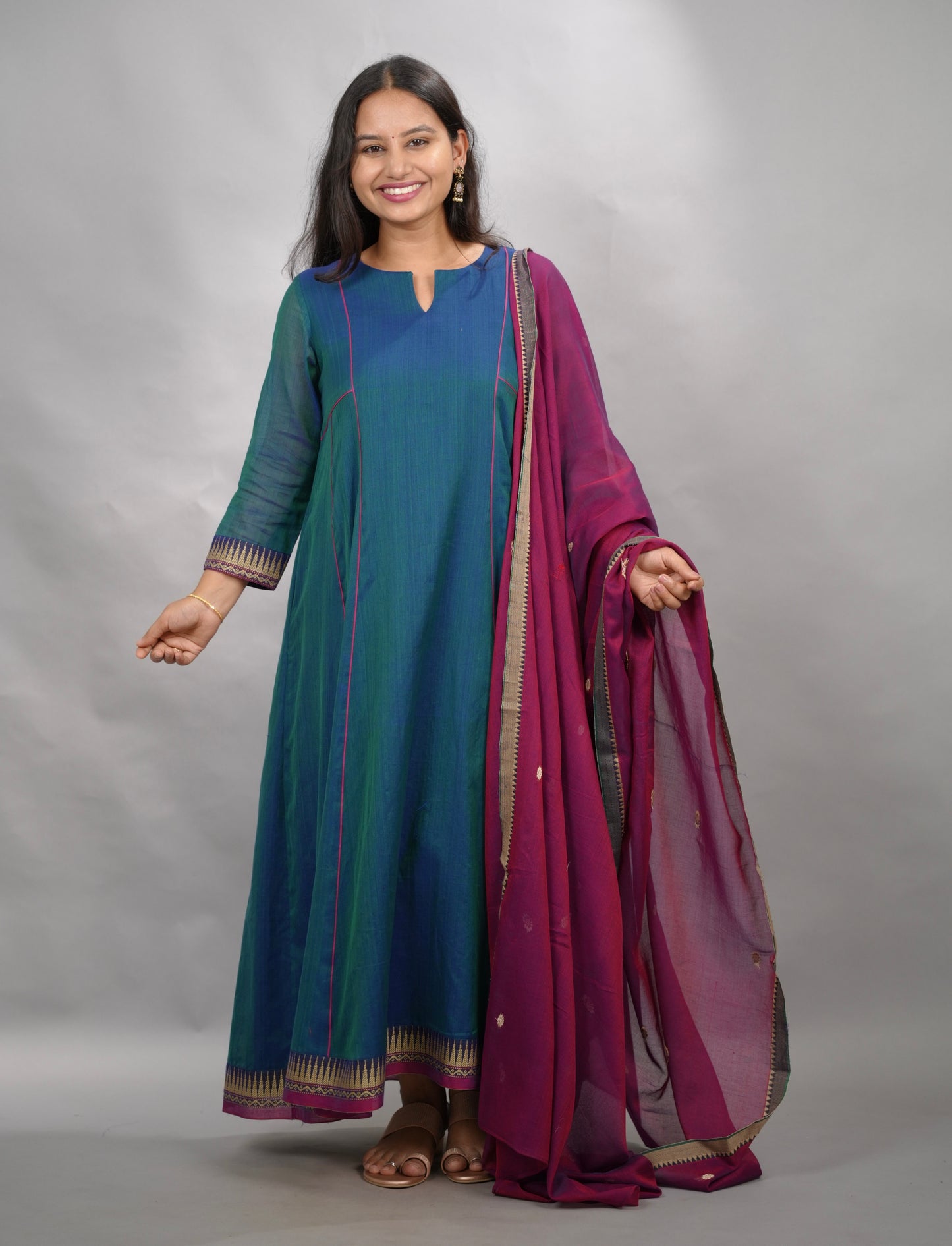 Rama Blue Narayanpet Cotton Anarkali Dress with Magenta Narayanpet Dupatta | Looms & Tassels