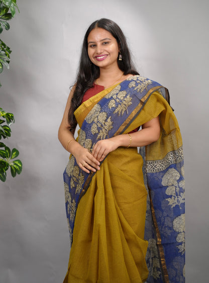 Mustard and Blue Pure Kota Doria Saree with Bagru Handblock Prints