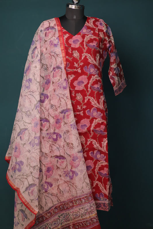 Red & Violet Handblock printed kota 3 piece suit (stitched)